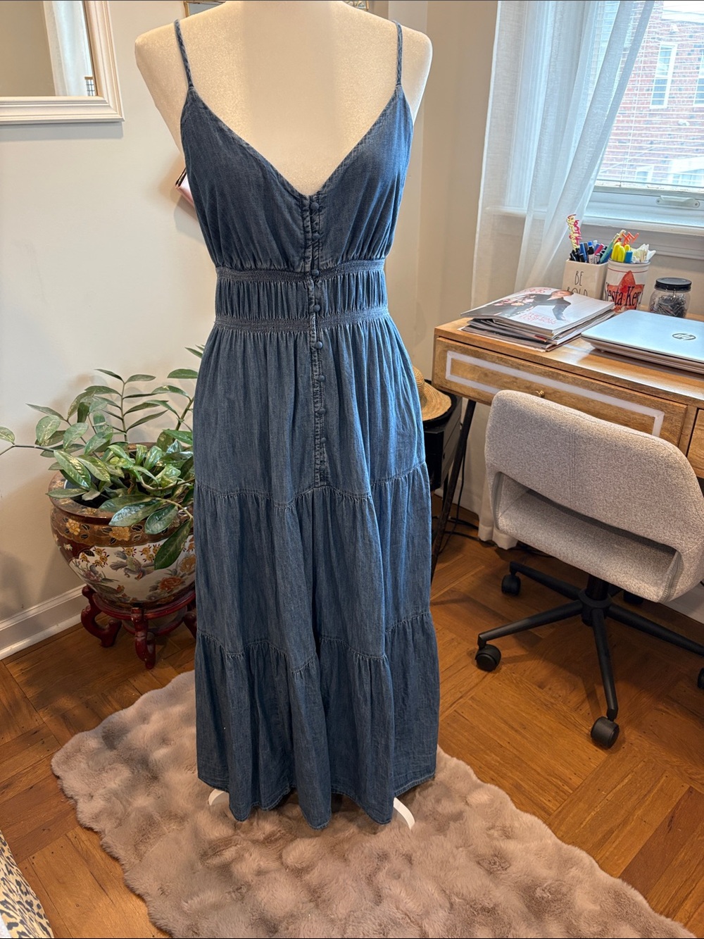GAP Denim Blue Maxi Dress with Spaghetti Straps